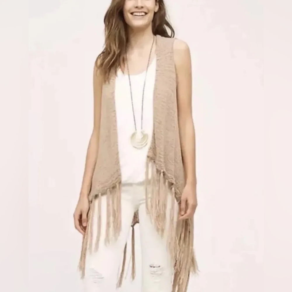 Anthropologie Evelyn K New York Maritza Fringe Knit Vest, Tan, OS